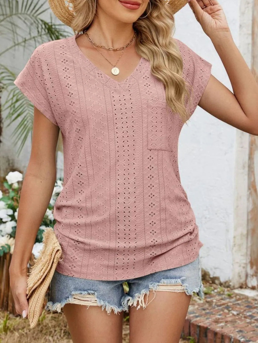 Blouse Top Casual Comfy Slight Stretch Eyelet Boho Chic