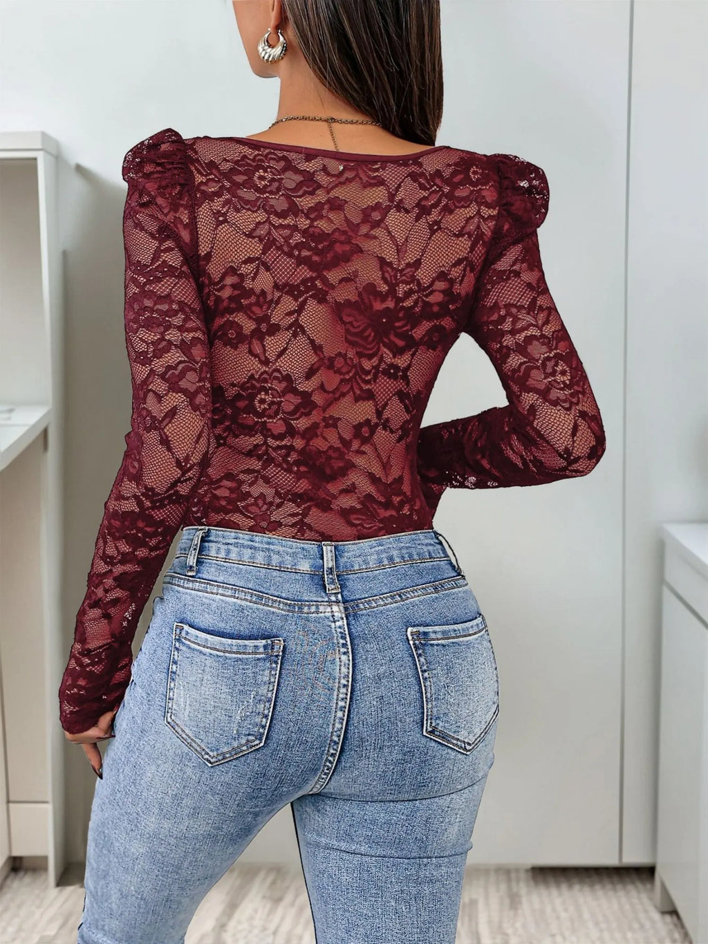 Openwork Lace Trim Spliced Square Neck Tight-fitting Long Sleeves Bodysuits