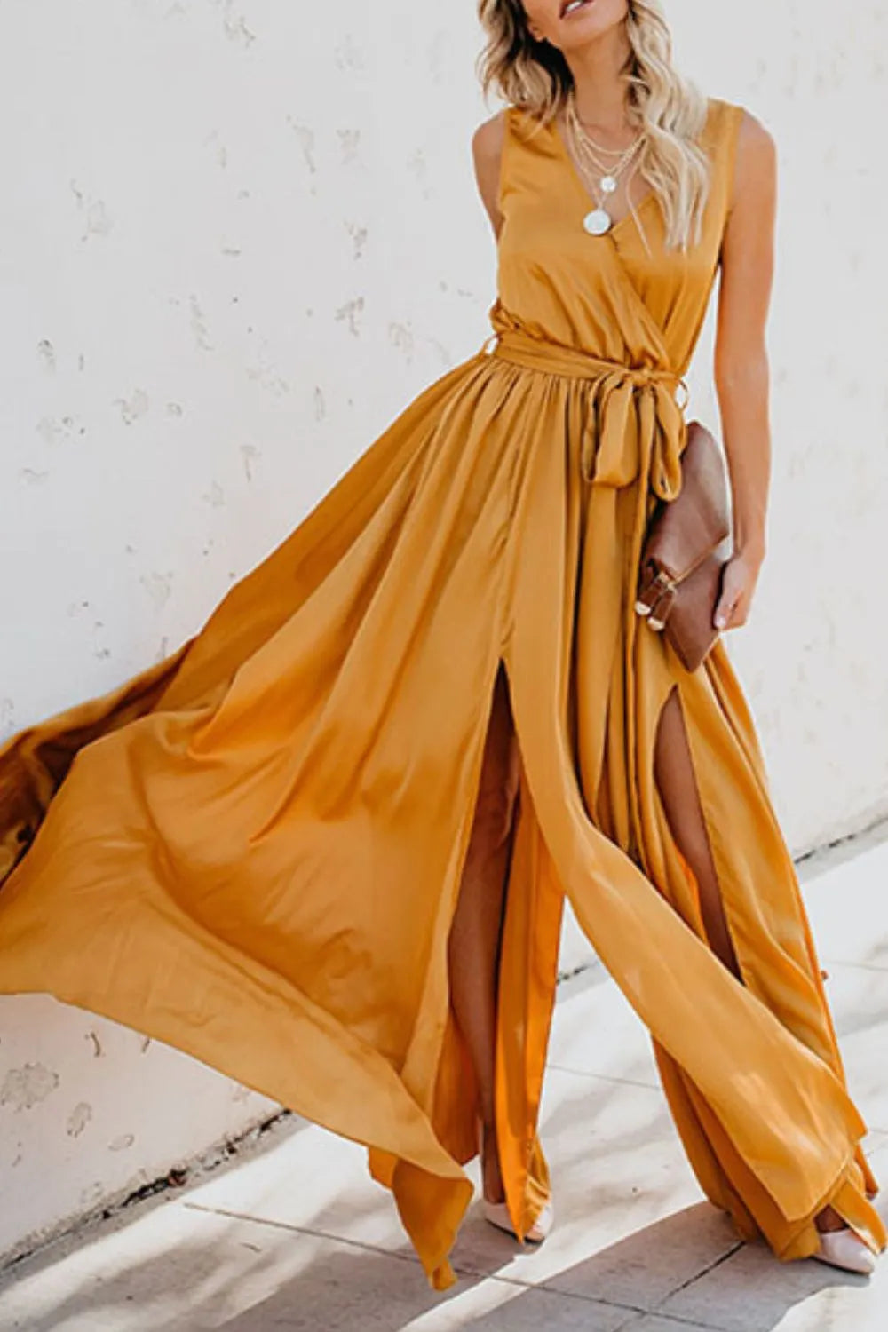 Maxi Dress Surplice Neck Tie Waist Elegant Side Slit Summer
