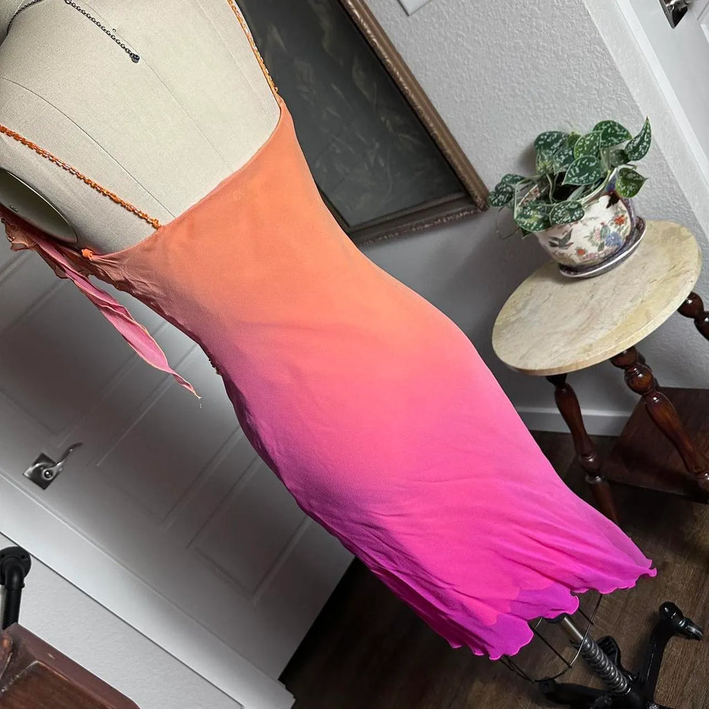 Orange Gradient Exquisite Beaded Spaetti Strap Midi Chiffon Slim Ball Gown Evening Dress Party Dress Prom Dress