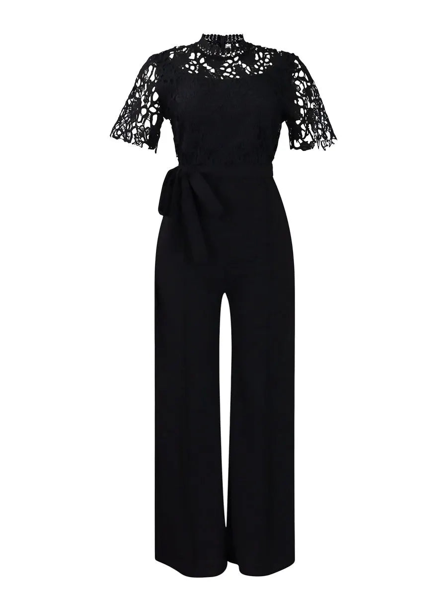 Lace Trim Hollow Short Sleeve Bandage High Waist Wide Leg Jumpsuits