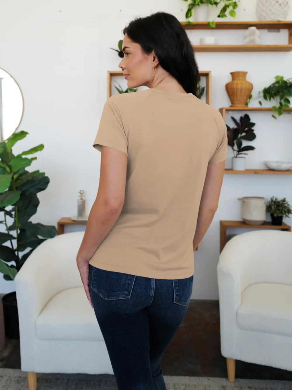 T-Shirt Basic Casual Chic Pleated Slightly Stretchy