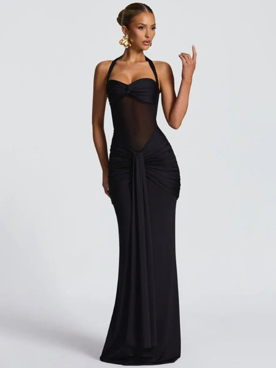 Neckband Lace Up Mesh Formal Dress Maxi Dresses