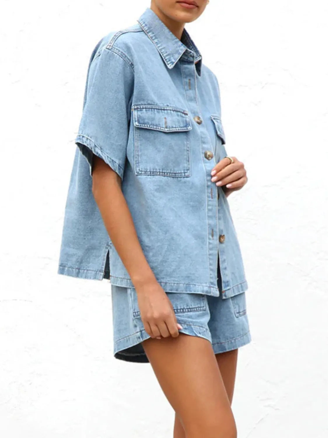 Denim Button-Up Top & Shorts Set