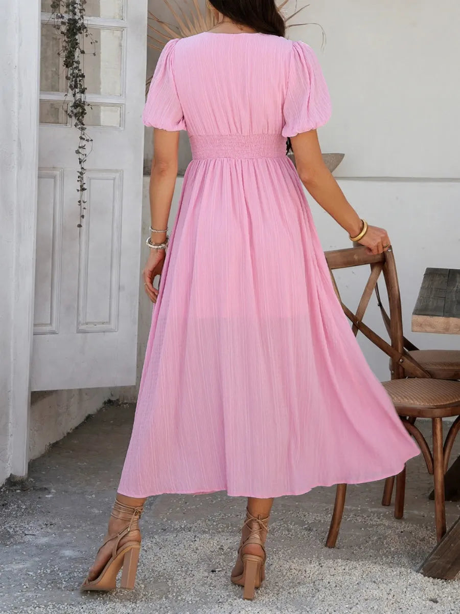Slit Short Sleeve V-neck Vacation And Leisure Maxi Dresses