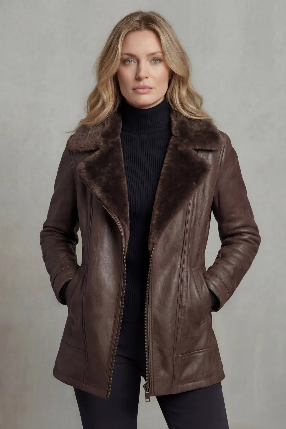 Vanessa Faux Leather Shearling Collar Zip Jacket