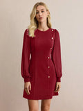 Pullover Crew Neck Splicing Fasteners Slim Fit Slimming Long Sleeve Workplace Casual Short Dress