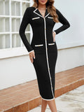 Color-blocked Piping Lapel Buttons Maxi Dresses