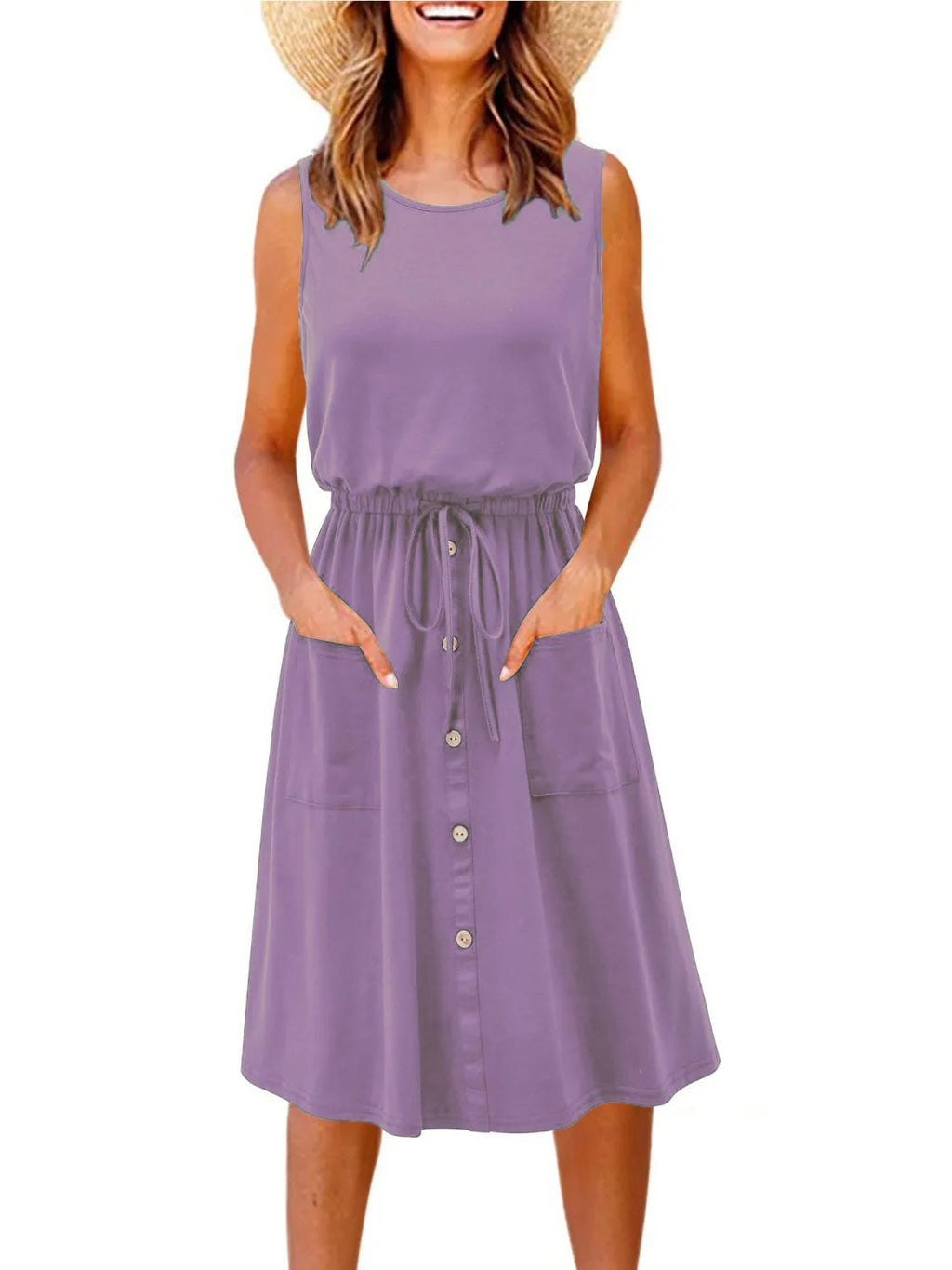 Tank Dress Midi Casual Drawstring Slightly Stretchy