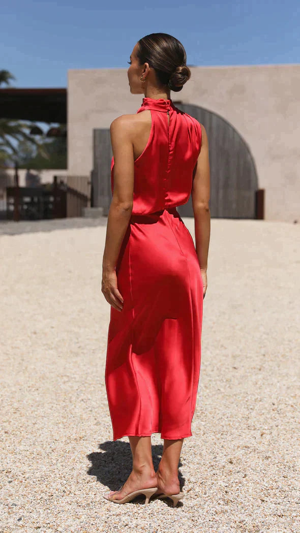 Satin Midi Gala Dress with Halter Neck and Open Back