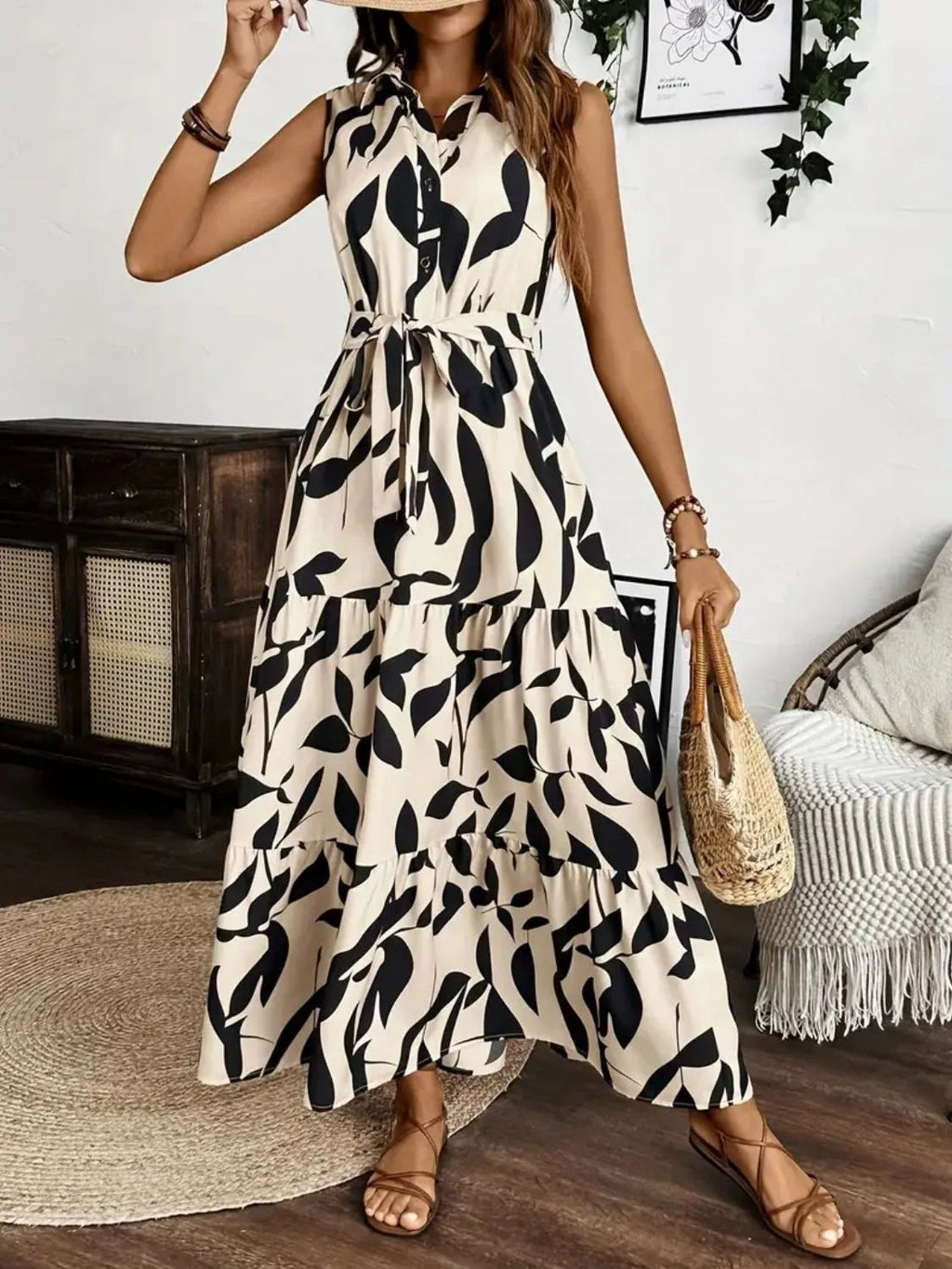 Maxi Dress Tropical Printed Tie Waist Sleeveless Collared
