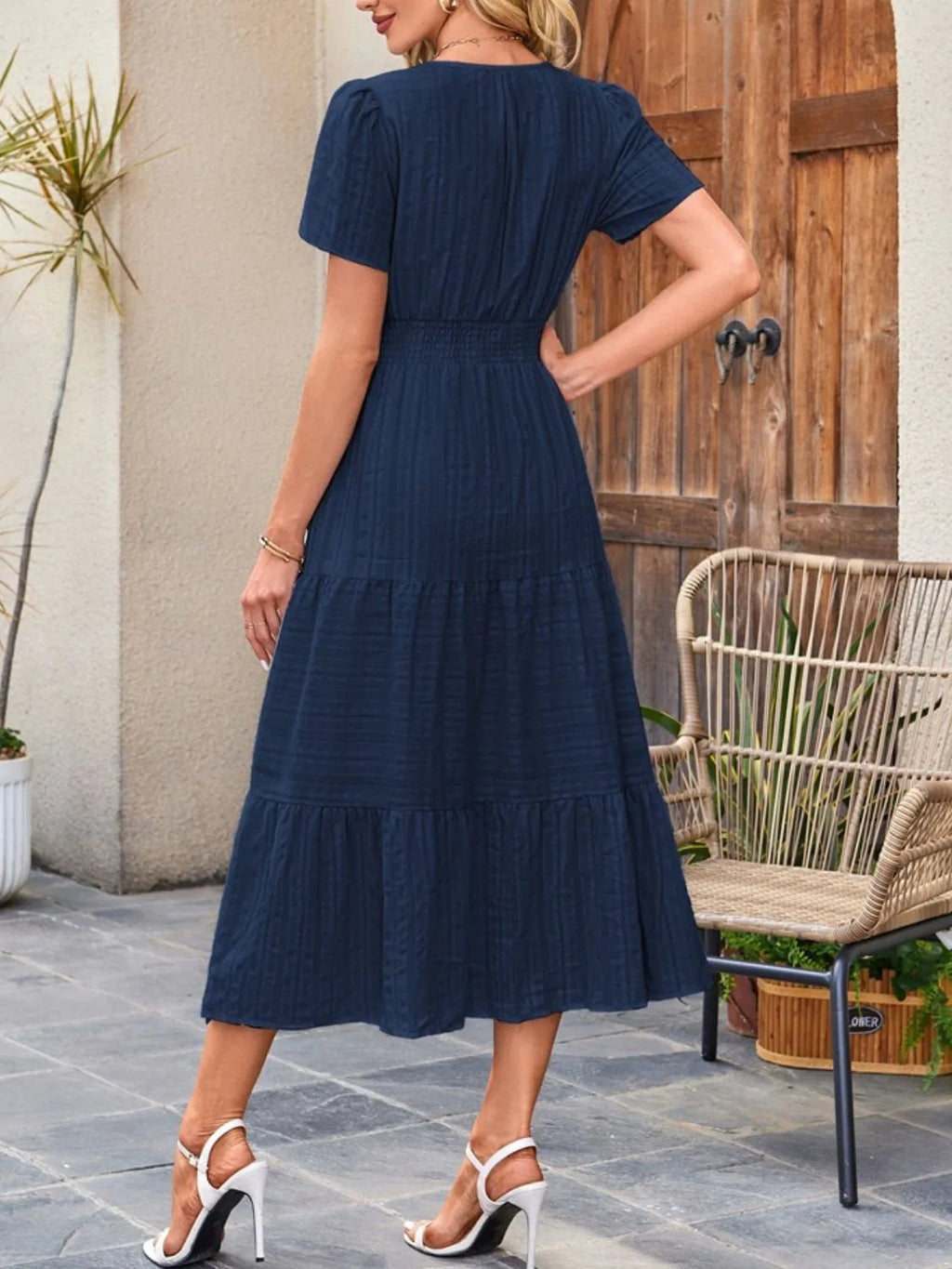 Midi Dress Chic Unlined Comfort Tiered Pocketed Casual
