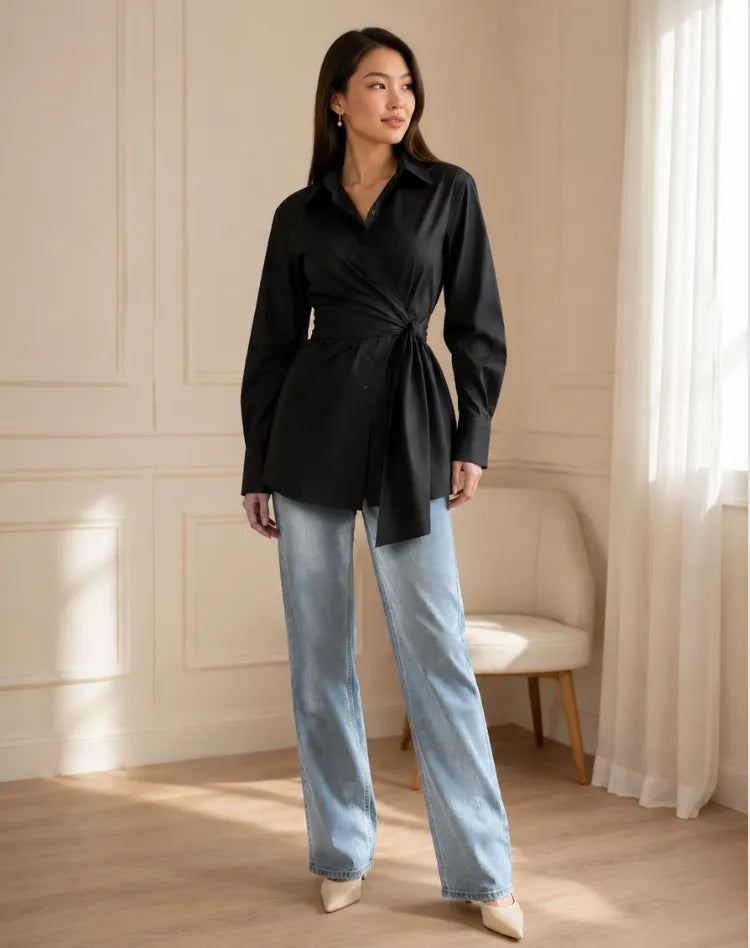 Long Blouse with Waist Button and Long Sleeves for Women