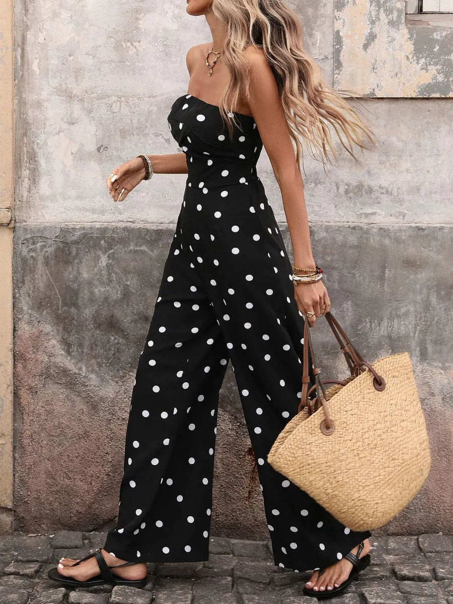 Retro Polka Dots High-waisted Wide-leg Pants Vacation Jumpsuits