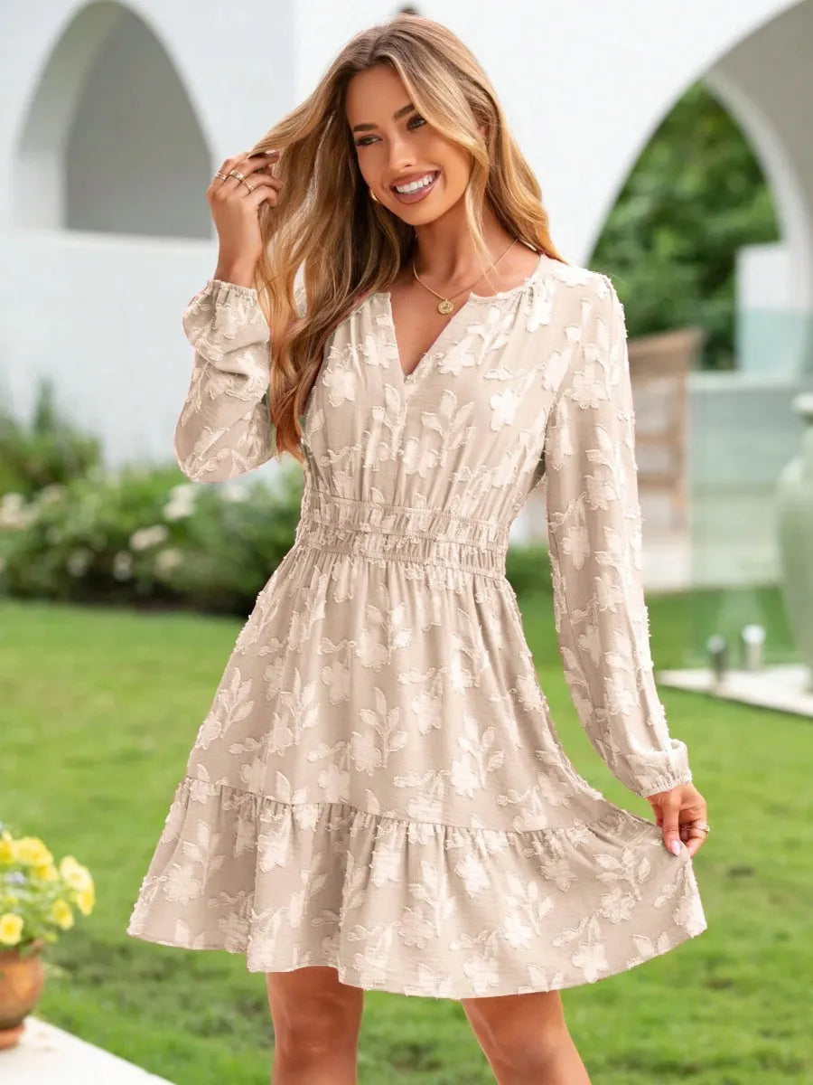 V-neck, Jacquard, Elastic Waist, Full Skirt, Long Sleeves, Ruffled Hem Short Dress
