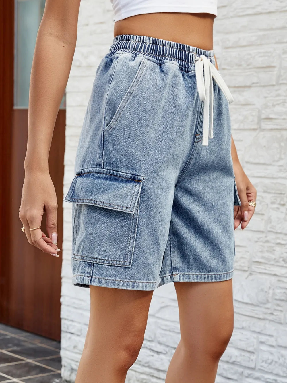 Denim Shorts with Pockets Drawstring Loose Fit Casual