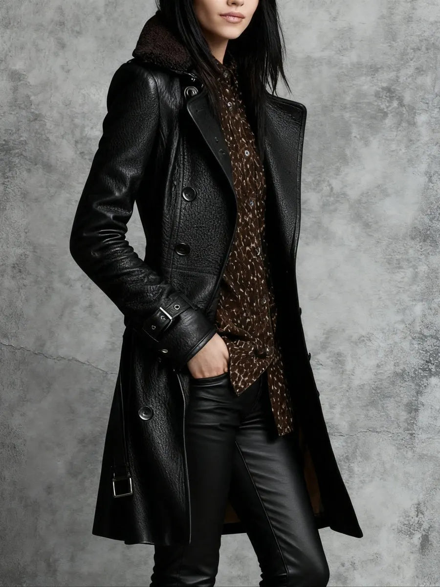 Black Thickening Fur Collar Buttons Leather Mid-length Jackets