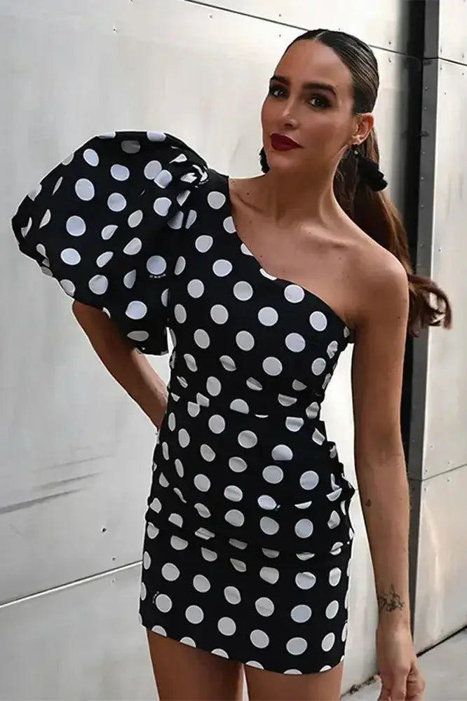 Dot Printed Mini Dress with Single Shoulder