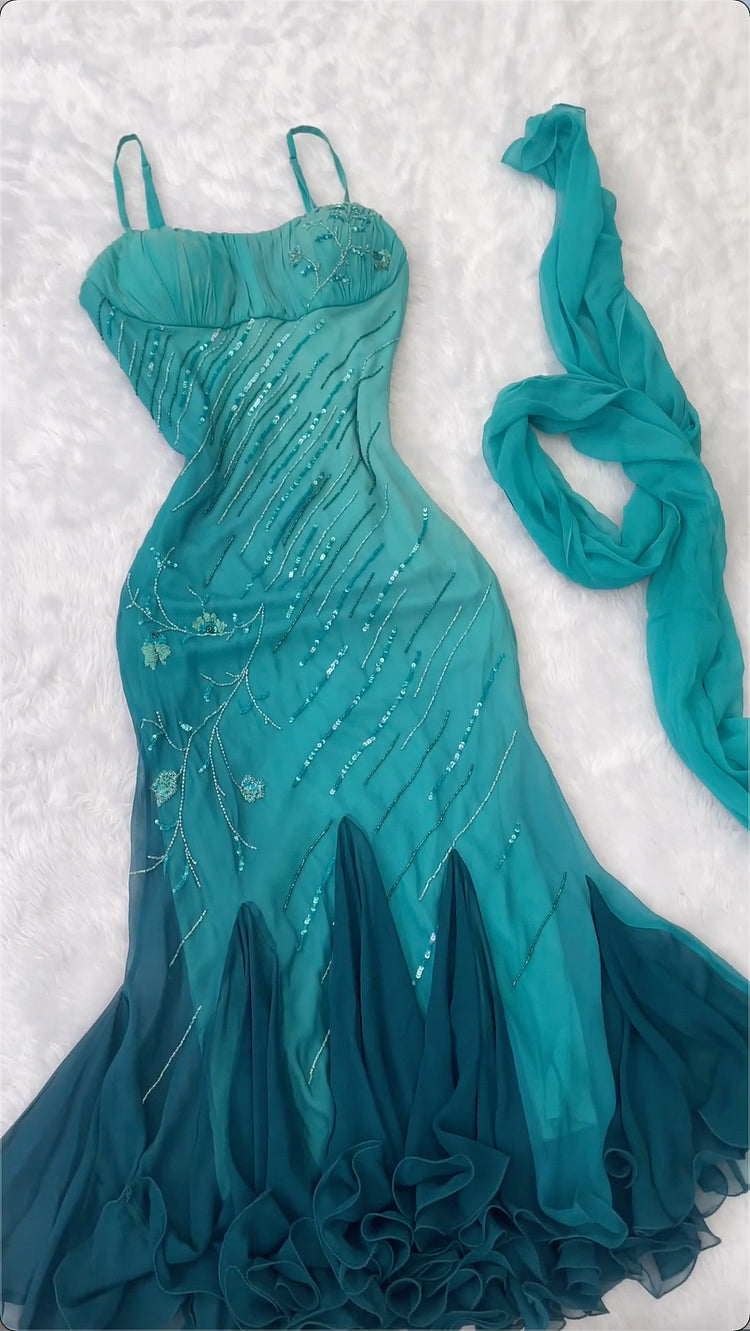Teal Gradient Sling Gown, Sequin Embroidered Mermaid Dress with Matching Silk Scarf Evening Gown