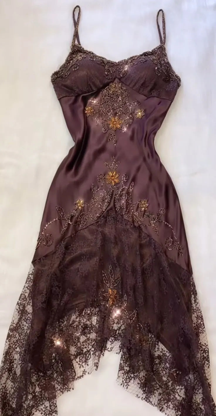Brown Vintage Elegant Exquisite Floral Beading Spaetti Strap Long Satin Lace Ball Gown Evening Dress Birthday Party Dress Prom Dress