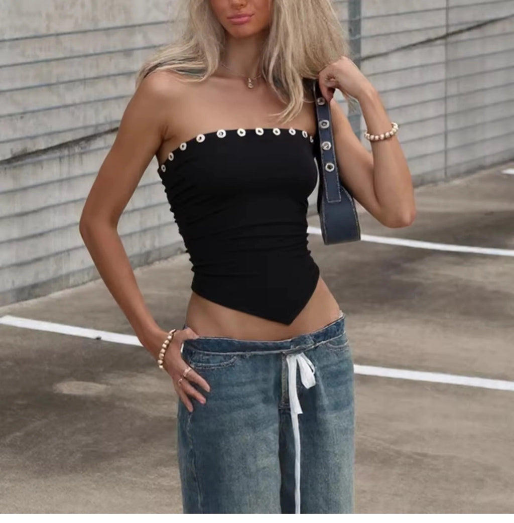 Pleated Button Trim Tube Top