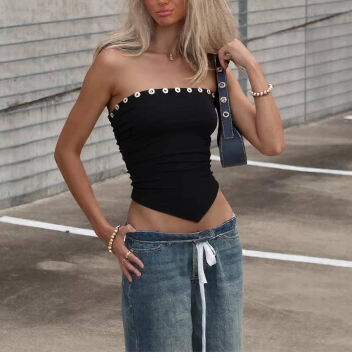 Pleated Button Trim Tube Top