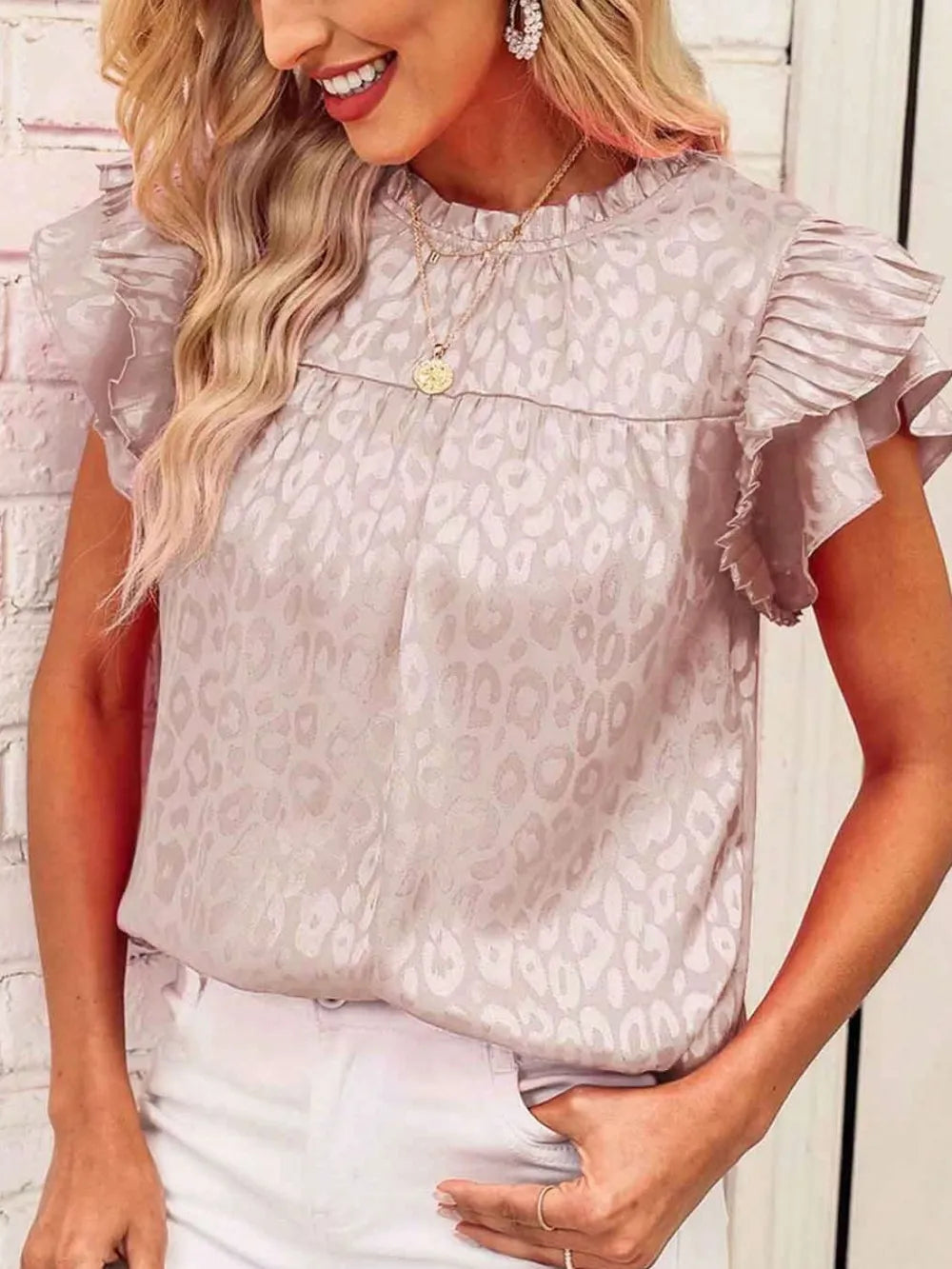Blouse Top Leopard Print Ruffled Cap Sleeve Versatile