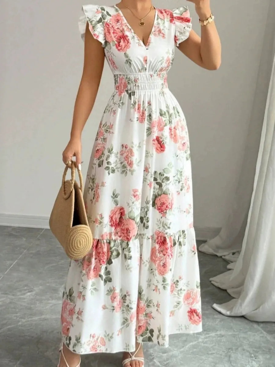 Ruffle Plants And Flowers Printed Long Dress