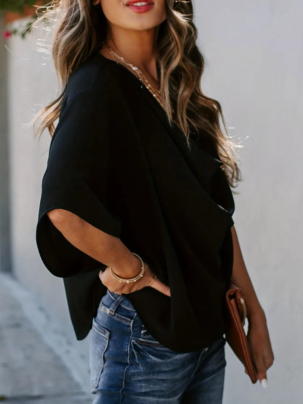 Basic Blouse Top Ruched Chic Draped Neck Casual Boho