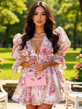 Floral Print Chiffon Puff Sleeve V-neck Mini&Short Dresses