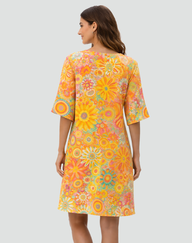 Retro Tunic Dress with Floral Print and V-Neck for Women