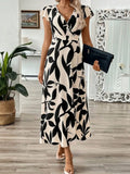 V-neck Ruffle Printed Vacation And Leisure Maxi Dresses