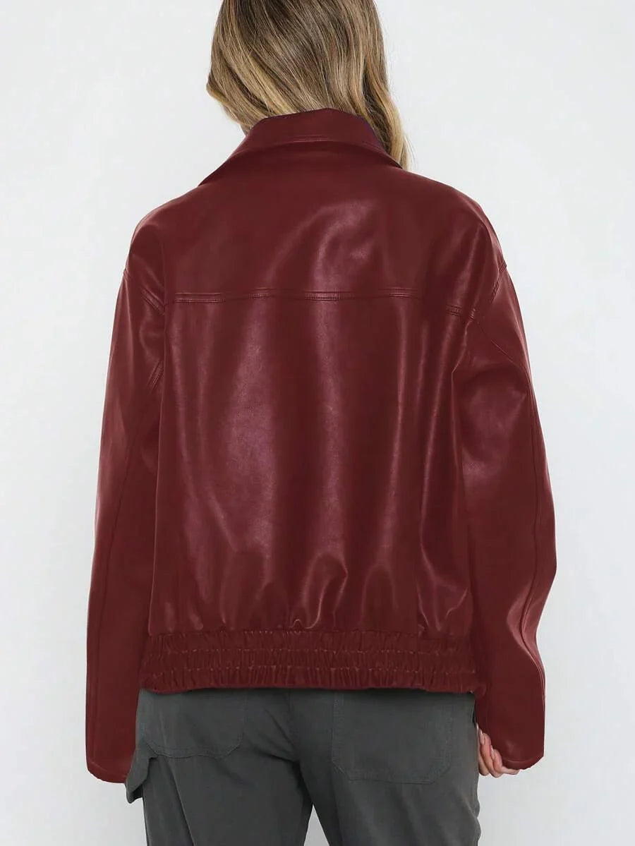 Women's Trendy Oversized Faux-Leather Jacket with Wide Collar