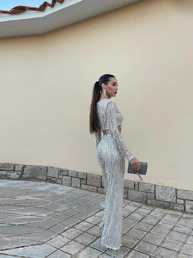 Glitter Sequin Women's Two-Piece Set with High Waist Pants