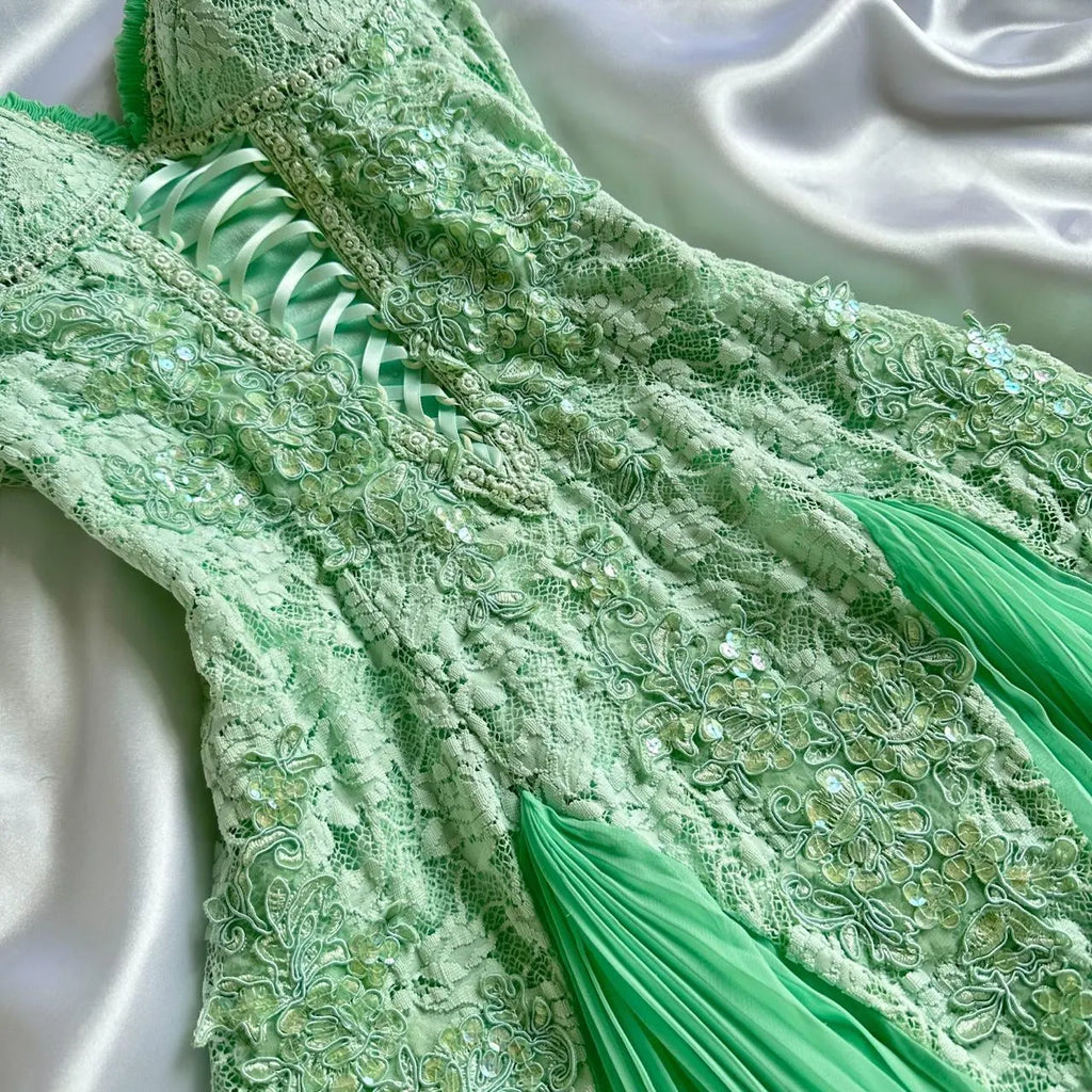 Mint Green Shiny Charming Stunning Unique Fashion Beautiful Elegant Delicate Lace Long Lace Sequin Fairy Ball Gown Evening Gown Birthday Party Gown Prom Gown