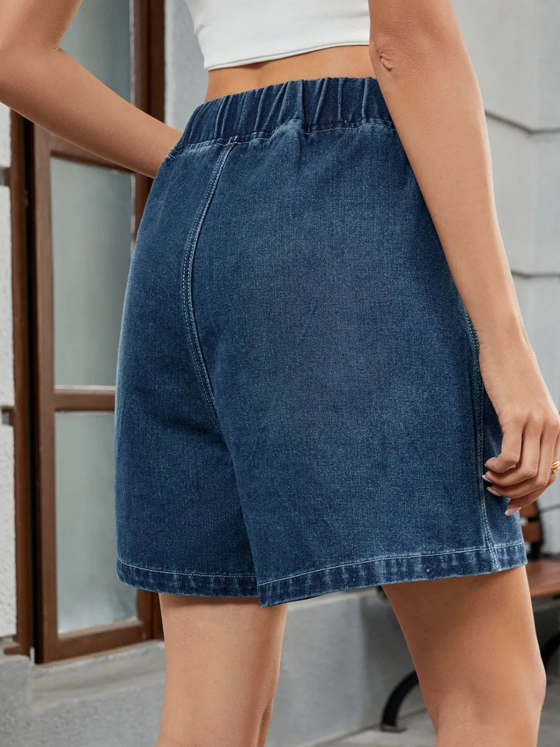 Denim Shorts Pocketed Casual Elastic Waistband Trendy