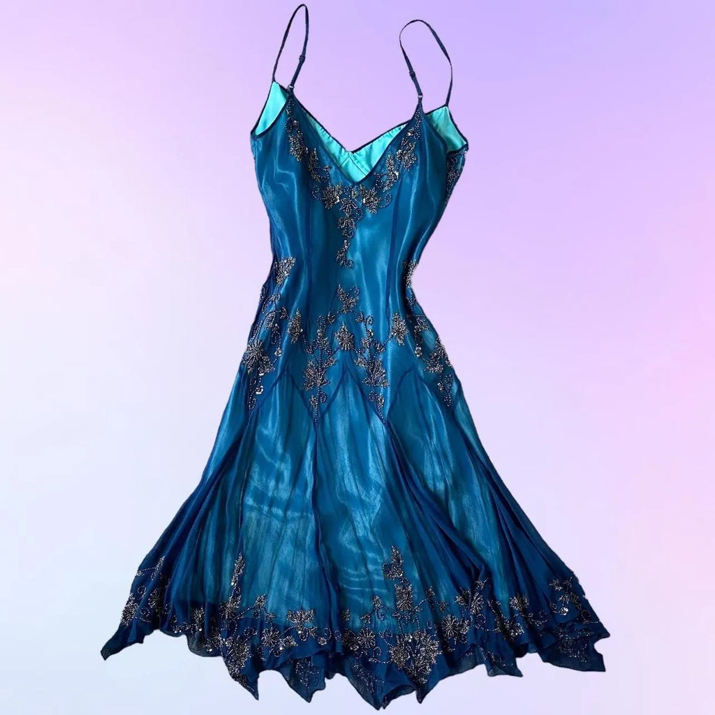 Dark blue gorgeous flowing vintage beautiful elegant delicate floral beaded spaetti strap long chiffon ball gown evening dress party dress prom dress