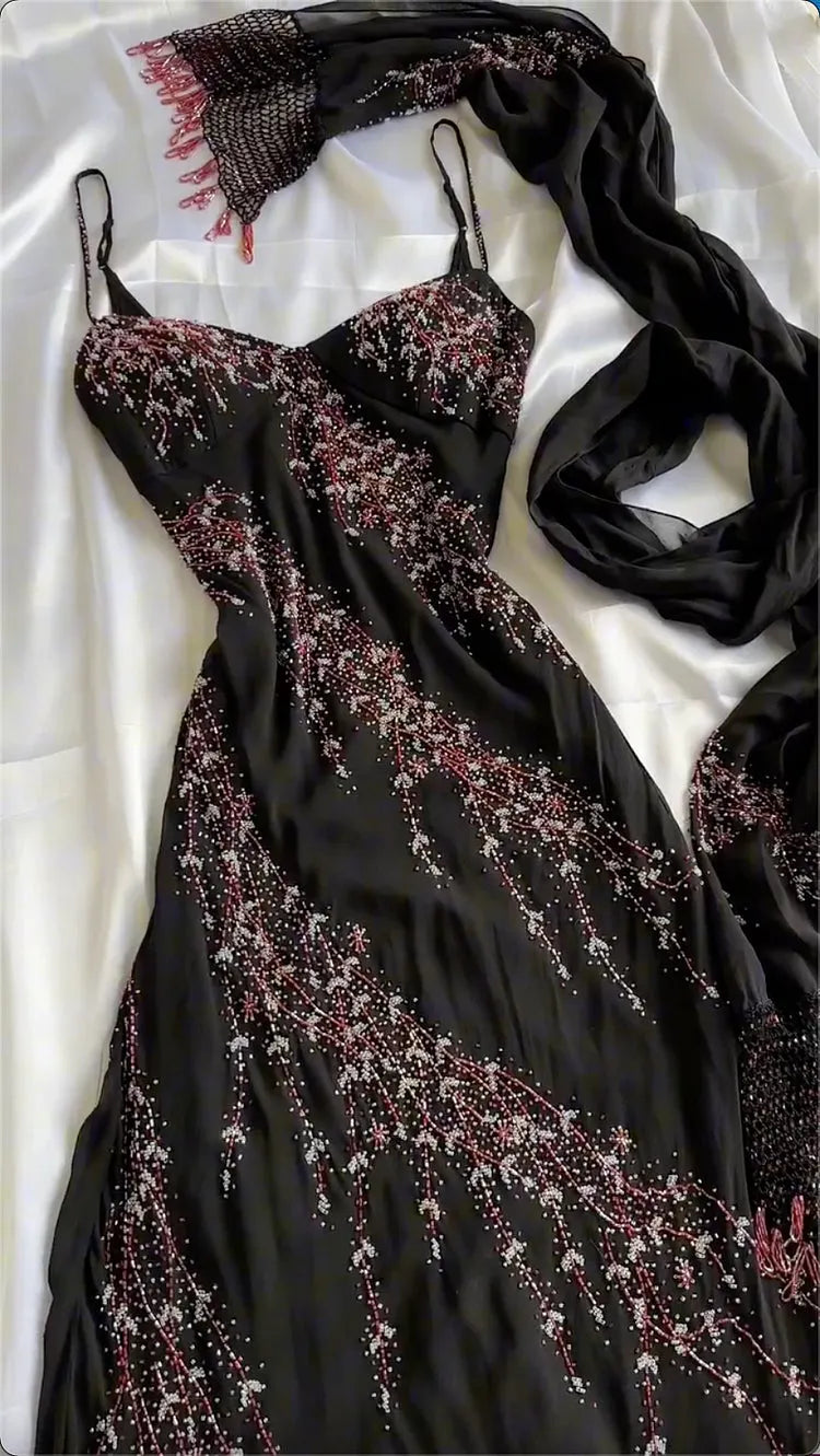 Black Beaded Sling Gown with Matching Silk Scarf, Irregular Hem Evening & Party Dress