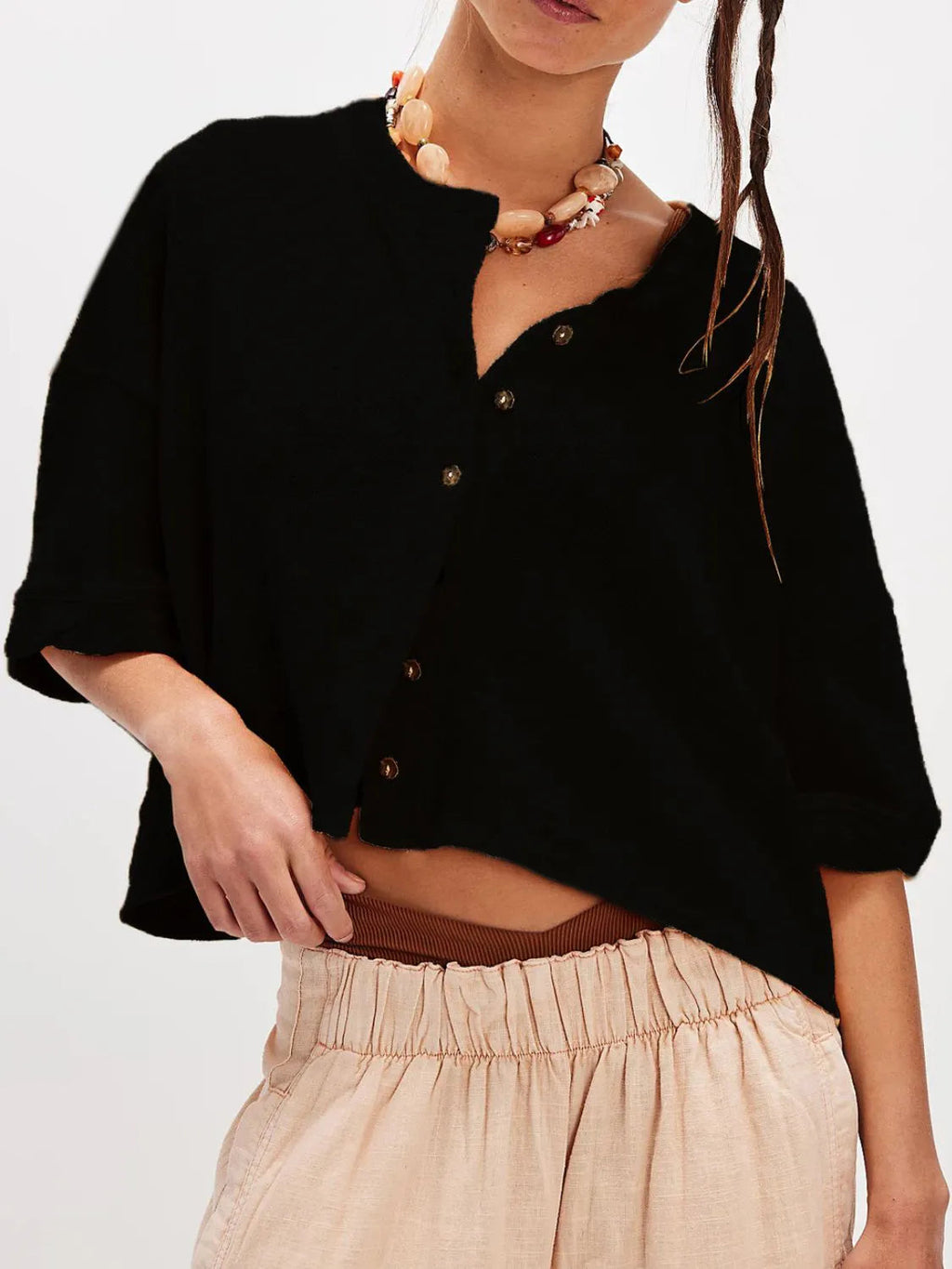 Shirt Basic Oversized Half Sleeve Button Front Boho