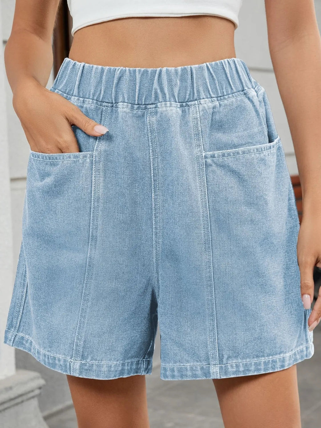 Denim Shorts Pocketed Casual Elastic Waistband Trendy