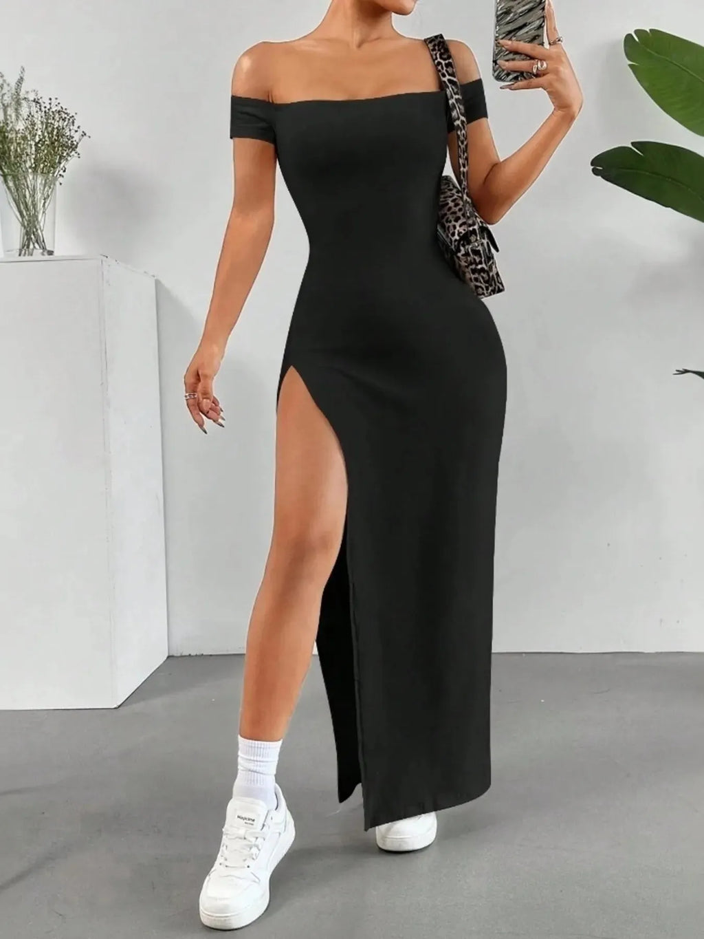 Maxi Dress Elegant Bodycon High Slit Elegant Off-Shoulder