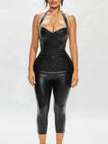 Imitation Leather Halter Neck And Backless Skinny Capri Pants 2-piece Sets
