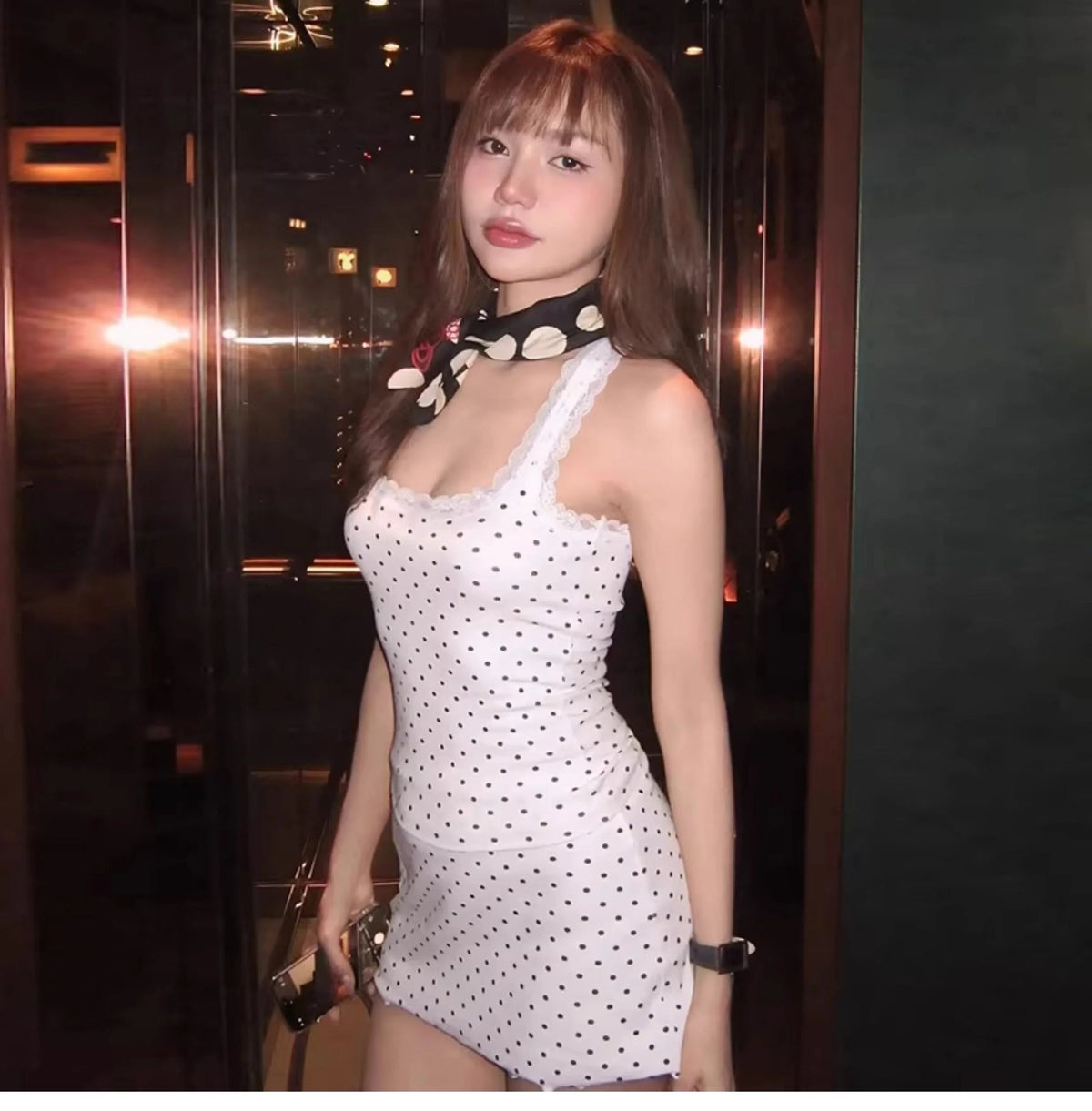 Lace Trim Polka Dot Mini Dress