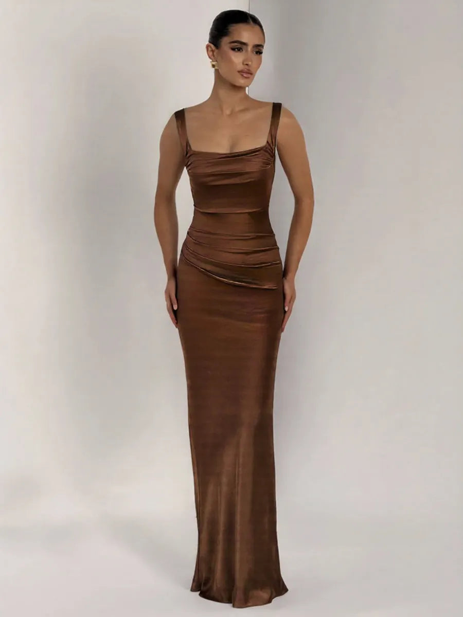 Dark Brown Satin Square Collar Pleated Maxi Dresses