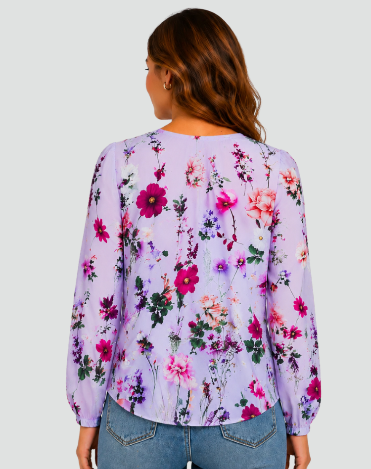 Floral Blouse with V-Neck and Long Sleeves for Women