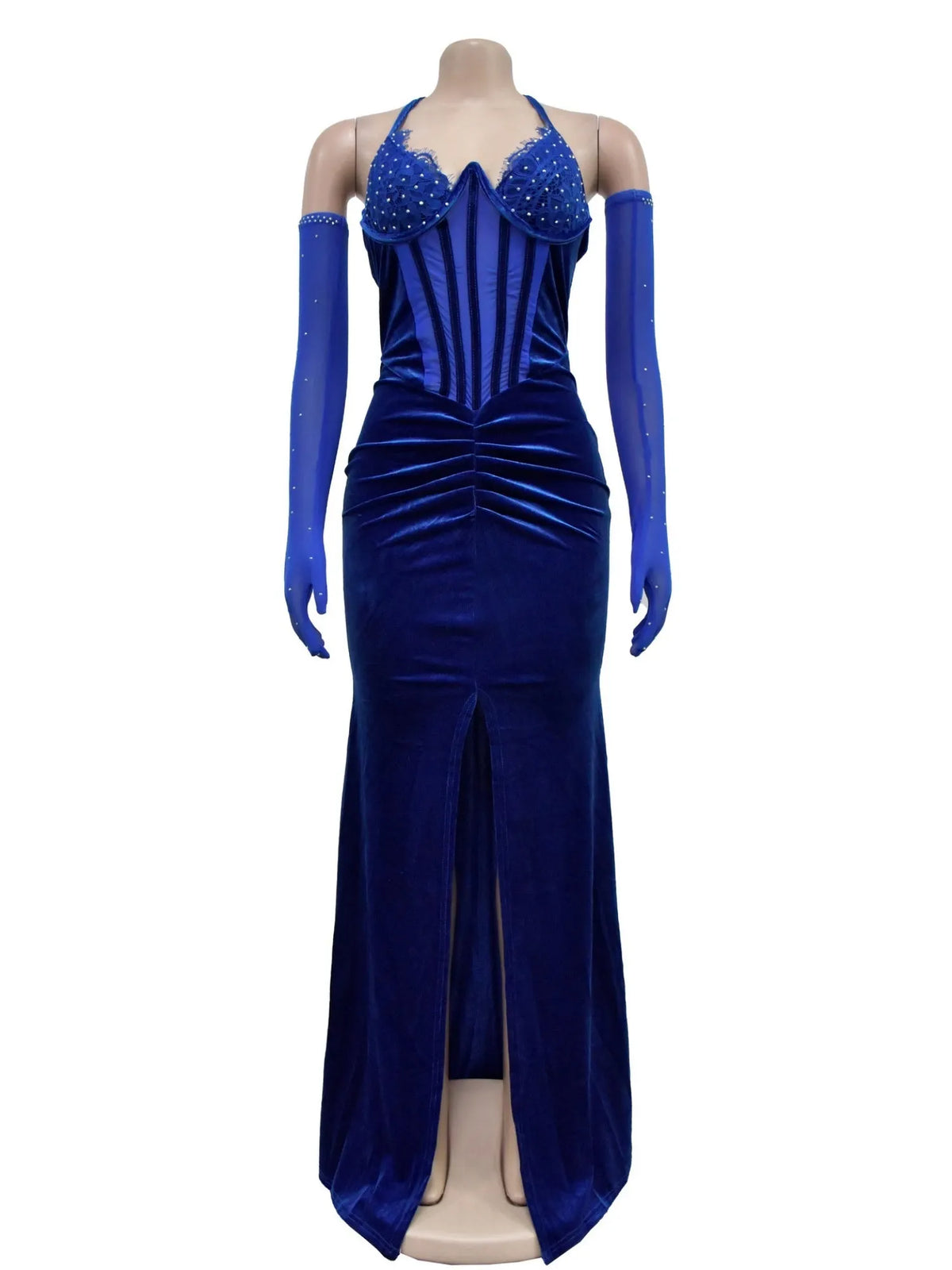 Lace And Velvet Patchwork Rhinestone-studded Evening Gown Mesh See-through Halter Neck Slit Maxi Dresses