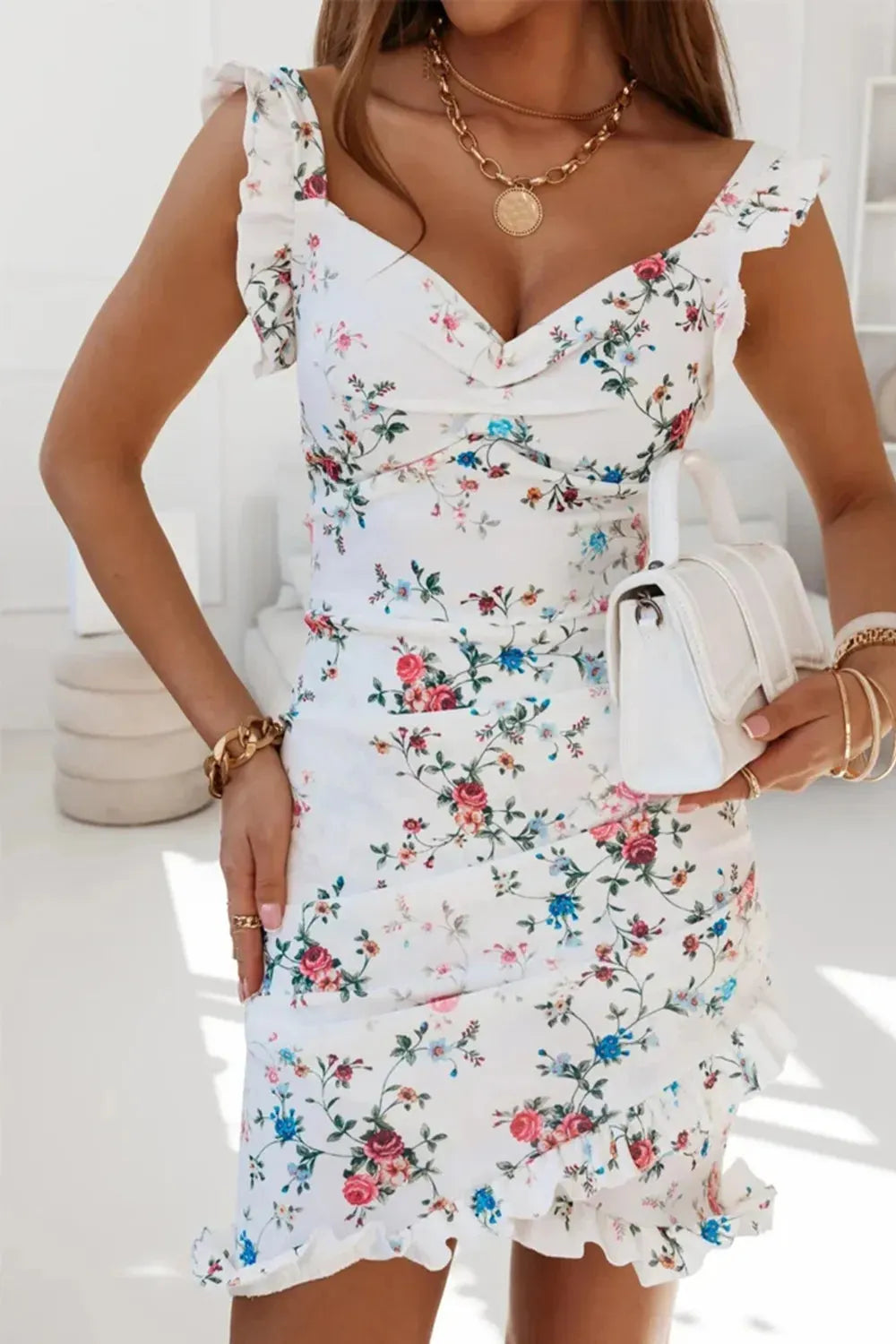 Mini Dress Floral Print Sweetheart Ruffled Chic Party