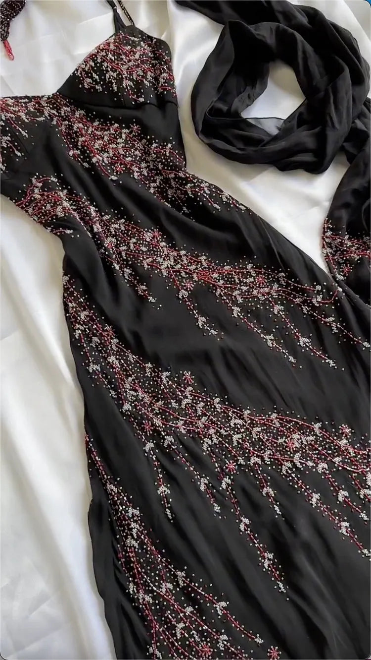 Black Beaded Sling Gown with Matching Silk Scarf, Irregular Hem Evening & Party Dress