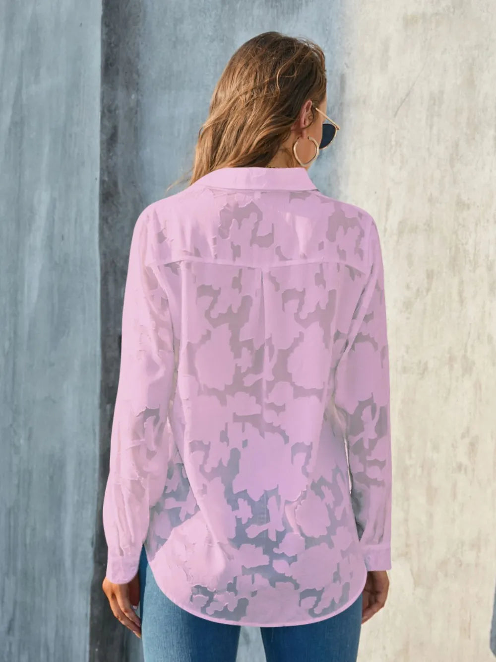 Button-Up Shirt Basic Floral Casual Collared Semi-Sheer