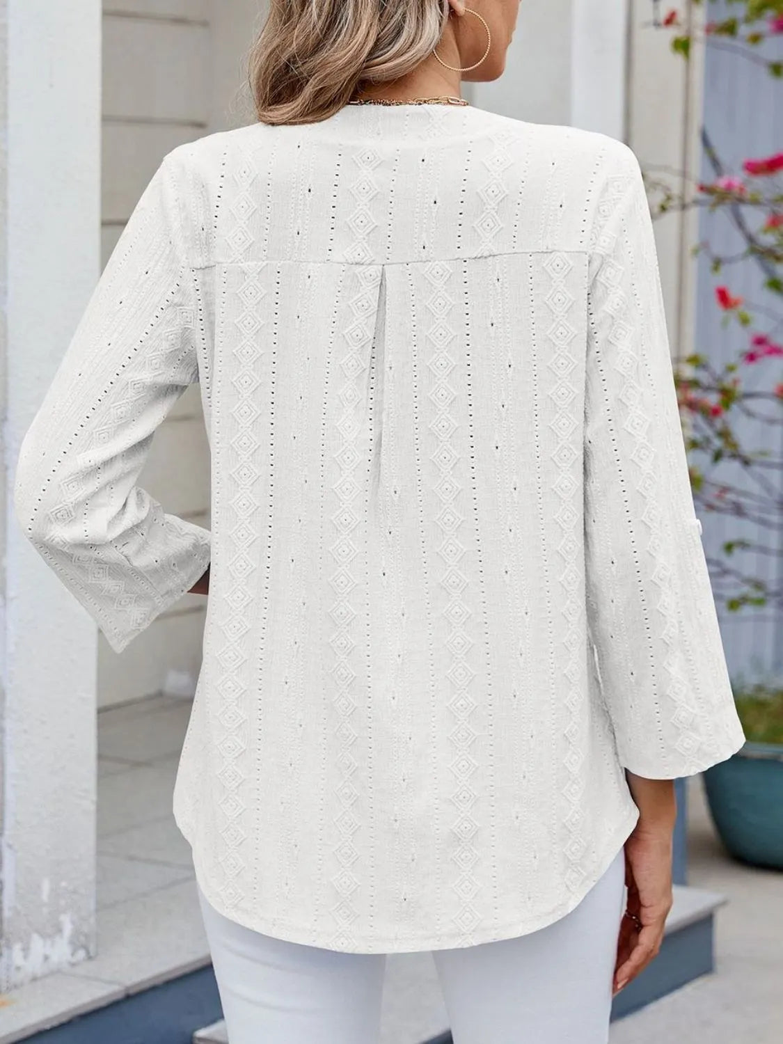 Blouse Top Eyelet Roll-Tab Sleeve Chic Split Neck Boho
